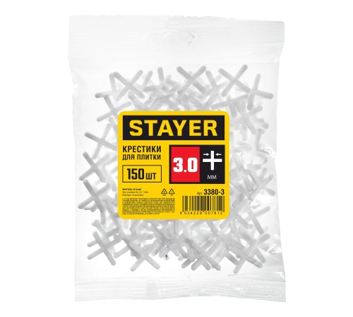 STAYER 3 мм, Х-образные, 150 шт., крестики для кафельной плитки 3380-3 STAYER 3 мм, Х-образные, 150 шт., крестики для кафельной плитки 3380-3