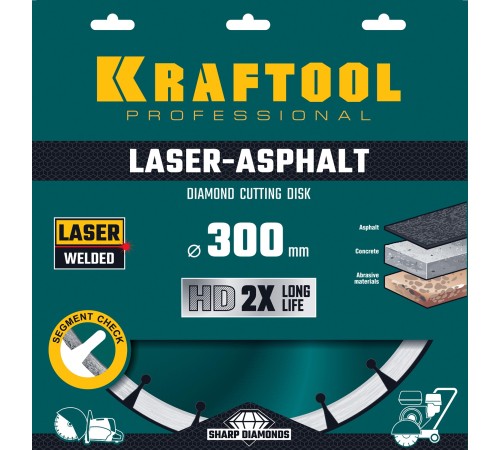 KRAFTOOL Ø 300Х25.4 мм, алмазный, сегментный, по асфальту, диск отрезной LASER-ASPHALT 36687-300