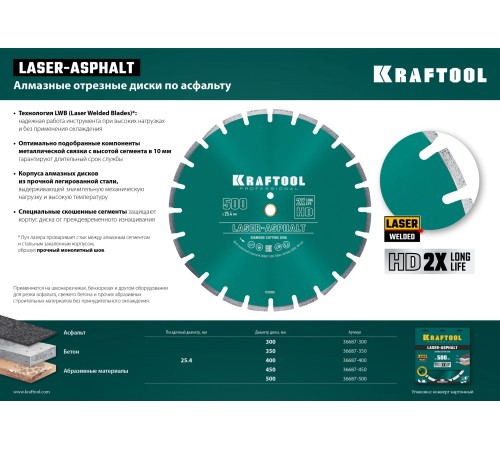 KRAFTOOL Ø 350Х25.4 мм, алмазный, сегментный, по асфальту, диск отрезной LASER-ASPHALT 36687-350 KRAFTOOL Ø 350Х25.4 мм, алмазный, сегментный, по асфальту, диск отрезной LASER-ASPHALT 36687-350