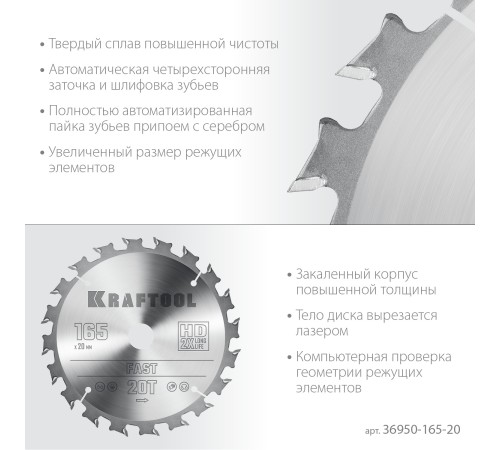 KRAFTOOL Fast, 165 х 20 мм, 20Т, пильный диск по дереву (36950-165-20) KRAFTOOL Fast, 165 х 20 мм, 20Т, пильный диск по дереву (36950-165-20)