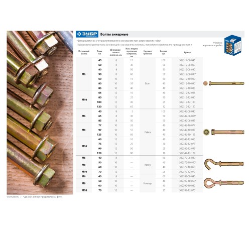 ЗУБР 10x50 мм, 40 шт., желтопассивированный, болт анкерный с кольцом 302392-10-050