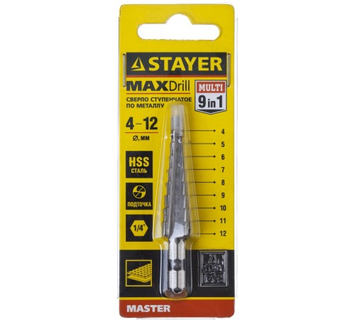 STAYER 4-12 мм, 9 ступеней, HSS, сверло ступенчатое 29660-4-12-9
