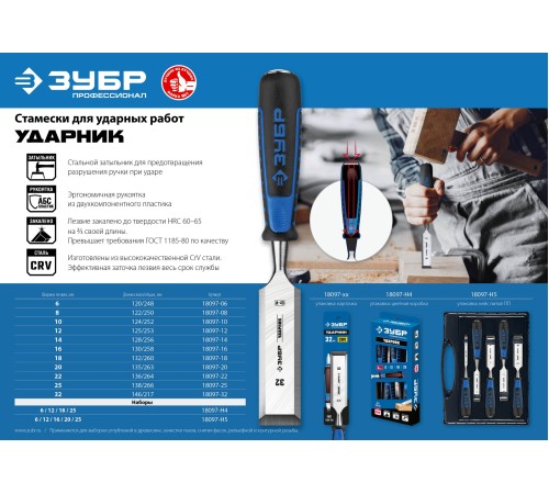 ЗУБР 4 шт, 6/12/18/25 мм, набор стамесок 18097-H4