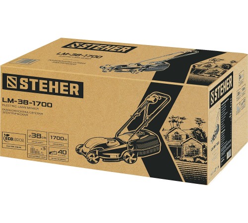 STEHER 1700 Вт, 380 мм, газонокосилка сетевая LM-38-1700 STEHER 1700 Вт, 380 мм, газонокосилка сетевая LM-38-1700