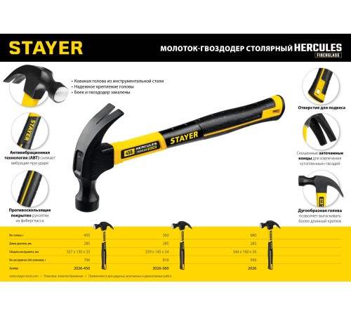 STAYER 560 г, молоток-гвоздодер с фиберглассовой рукояткой Hercules 2026-560_z02 STAYER 560 г, молоток-гвоздодер с фиберглассовой рукояткой Hercules 2026-560_z02