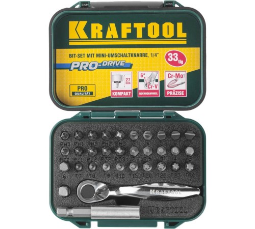 KRAFTOOL 33 шт., Cr-V, набор битов с мини-трещоткой 26157-H33 Профессионал