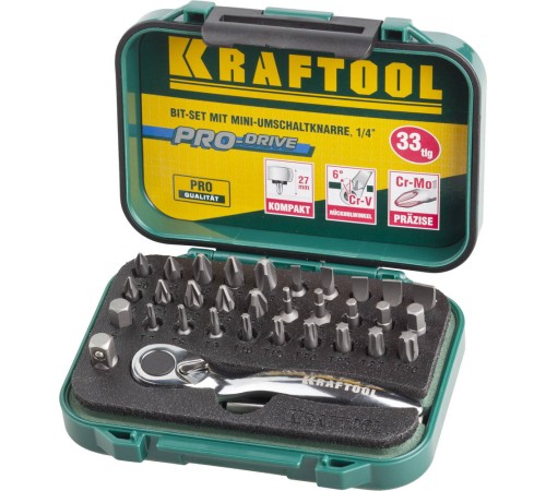 KRAFTOOL 33 шт., Cr-V, набор битов с мини-трещоткой 26157-H33 Профессионал