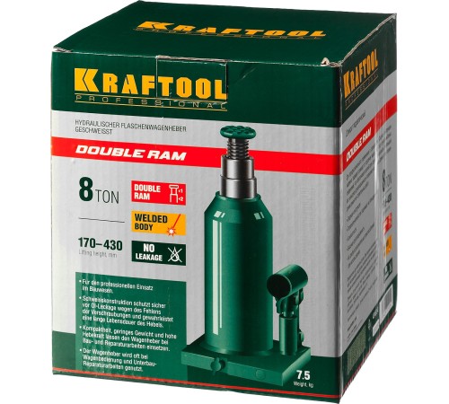 KRAFTOOL 8 т, 170-430 мм, домкрат гидравлический бутылочный сварной телескопический Double Ram 43463-8 KRAFTOOL 8 т, 170-430 мм, домкрат гидравлический бутылочный сварной телескопический Double Ram 43463-8