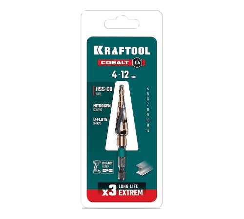 KRAFTOOL COBALT 4-12мм, 9 ступеней, азотирование, винтовая спираль, сверло ступенчатое(29691-4-12-9) KRAFTOOL COBALT 4-12мм, 9 ступеней, азотирование, винтовая спираль, сверло ступенчатое(29691-4-12-9)