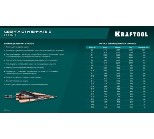 KRAFTOOL COBALT 4-12мм, 9 ступеней, азотирование, винтовая спираль, сверло ступенчатое(29691-4-12-9) KRAFTOOL COBALT 4-12мм, 9 ступеней, азотирование, винтовая спираль, сверло ступенчатое(29691-4-12-9)