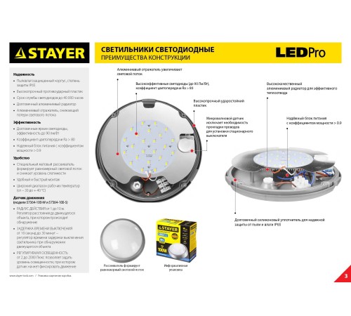 STAYER PROLight, 12(100 Вт), влагозащищенный светодиодный светильник (57364-100-W)