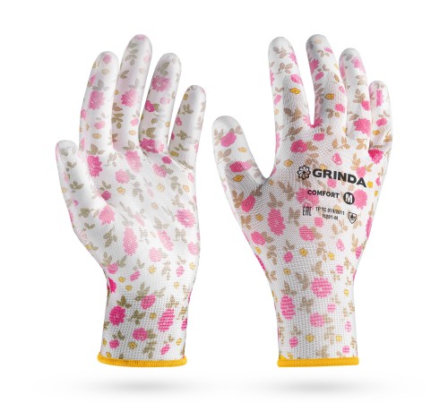 GRINDA COMFORT, M (8), садовые перчатки с прозрачным полиуретановым покрытием, розовые, 13 класс (11291-M)