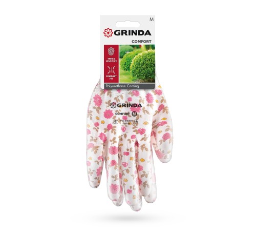 GRINDA COMFORT, M (8), садовые перчатки с прозрачным полиуретановым покрытием, розовые, 13 класс (11291-M)