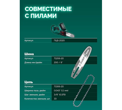 ЗУБР тип 6, 20 см, шаг 3/8″, паз 1.1 мм, 33 звеньев, шина (71206-20)