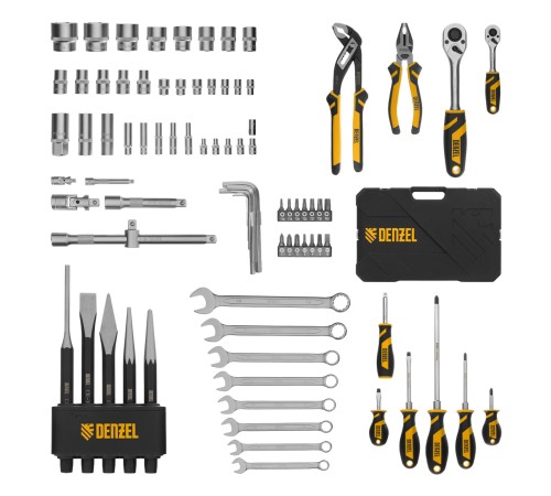 Набор инструментов, 1/2", 1/4", CrV, S2, пластиковый кейс, 84 предмета Denzel