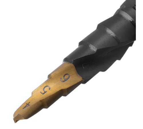 Сверло ступенчатое 4-5-6-7-8-9-10-11-12 мм, Р6М5, 6-гр. хвостовик Denzel