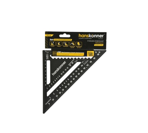 Угольник 175мм, алюминиевый сплав, чёрный анодированный корпус, белая шкала, hanskonner