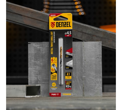 Сверло спиральное по металлу 4,5 x 80мм, Р6М5, Golden Tip, многогранная заточка Denzel