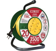 Удлинитель силовой на катушке, 4 гнезда, без заземления, "СОЮЗ", ПВС (2х1,5 мм) 3500 Вт, 50 м РОС