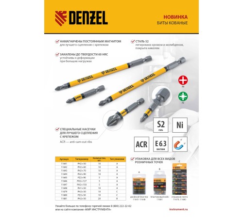 Бита PH2х127, сталь S2, цилиндр., 5шт. Е 6,3 Denzel Бита PH2х127, сталь S2, цилиндр., 5шт. Е 6,3 Denzel