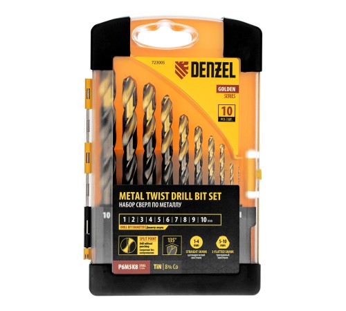 Набор сверл по металлу, 1-10 мм, Р6М5К8-TiN, Golden Tip, 10 шт Denzel