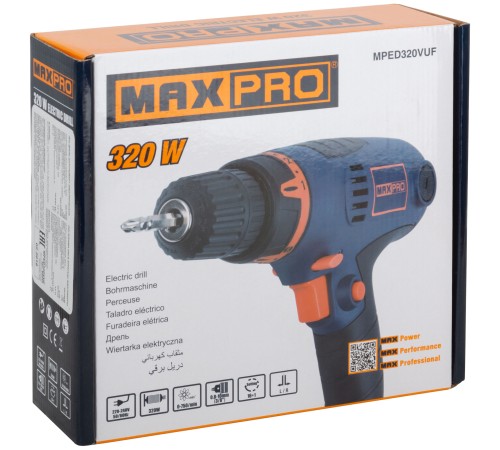 MAX-PRO Дрель-Шуруповерт электрическая 320 Вт; 0-750 об/мин; подсветка ; быстрозажимной патрон 10 мм; резиновые вставки; 16,0 Нм; 16+1; 1,1 кг; быстры MPED320VUF MAX-PRO Дрель-Шуруповерт электрическая 320 Вт; 0-750 об/мин; подсветка ; быстрозажимной патрон 10 мм; резиновые вставки; 16,0 Нм; 16+1; 1,1 кг; быстры MPED320VUF
