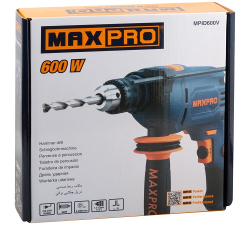 MAX-PRO Дрель ударная 600 Вт; 0-2800 об/мин; ключевой патрон 1,5-13 мм; 1,6 кг; антивибрационная ручка; резиновые вставки; кор. MPID600V MAX-PRO Дрель ударная 600 Вт; 0-2800 об/мин; ключевой патрон 1,5-13 мм; 1,6 кг; антивибрационная ручка; резиновые вставки; кор. MPID600V
