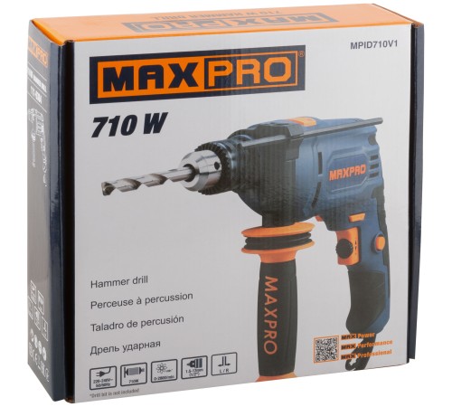 MAX-PRO Дрель ударная 710 Вт; 0-2800 об/мин; ключевой патрон 1,5-13 мм; 1,7 кг; антивибрационная ручка; резиновые вставки; кор. MPID710V1 MAX-PRO Дрель ударная 710 Вт; 0-2800 об/мин; ключевой патрон 1,5-13 мм; 1,7 кг; антивибрационная ручка; резиновые вставки; кор. MPID710V1