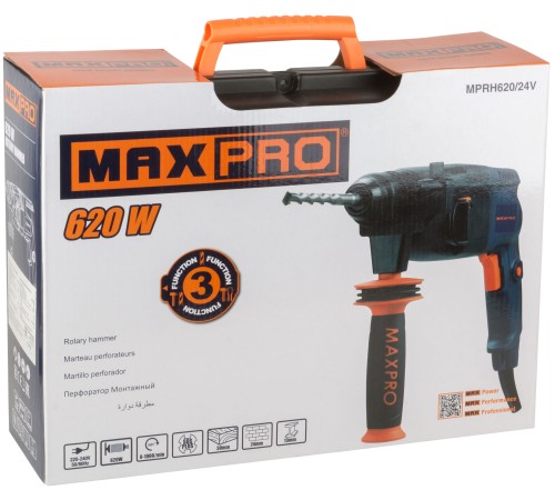 MAX-PRO Перфоратор монтажный 620 Вт; 0-1000 об/мин; 2,5 Дж; 3 режима; Д/Б/М-30/24/13; 2,8 кг; SDS-PLUS; антивибрационная ручка; резиновые вставки; рез MPRH620/24V MAX-PRO Перфоратор монтажный 620 Вт; 0-1000 об/мин; 2,5 Дж; 3 режима; Д/Б/М-30/24/13; 2,8 кг; SDS-PLUS; антивибрационная ручка; резиновые вставки; рез MPRH620/24V
