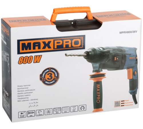 MAX-PRO Перфоратор монтажный 800 Вт; 0-1200 об/мин; 2,8 Дж; 3 режима; Д/Б/М-30/26/13; 3,2 кг; SDS-PLUS; антивибрационная ручка; резиновые вставки; рез MPRH800/26V MAX-PRO Перфоратор монтажный 800 Вт; 0-1200 об/мин; 2,8 Дж; 3 режима; Д/Б/М-30/26/13; 3,2 кг; SDS-PLUS; антивибрационная ручка; резиновые вставки; рез MPRH800/26V
