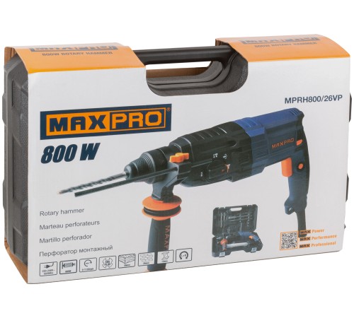 MAX-PRO Перфоратор монтажный 800 Вт; 0-1100 об/мин; 2,8 Дж; 3 режима; Д/Б/М-30/26/13; 3,4 кг; SDS-PLUS; антивибрационная ручка; резиновые вставки; рез MPRH800/26VP MAX-PRO Перфоратор монтажный 800 Вт; 0-1100 об/мин; 2,8 Дж; 3 режима; Д/Б/М-30/26/13; 3,4 кг; SDS-PLUS; антивибрационная ручка; резиновые вставки; рез MPRH800/26VP