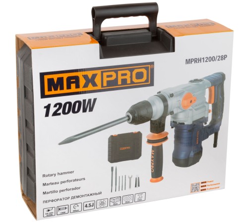 MAX-PRO Перфоратор демонтажный 1200 Вт; 880 об/мин; 4,5 Дж; 3 режима; Д/Б/М-40/28/13; 4,95 кг; SDS-PLUS; антивибрационная ручка; резиновые вставки; ре MPRH1200/28P