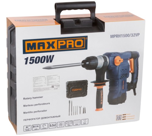 MAX-PRO Перфоратор демонтажный 1500 Вт; 0-850 об/мин; 5,5 Дж; 3 режима; Д/Б/М-42/32/13; 5,2 кг; SDS-PLUS; антивибрационная ручка; резиновые вставки; р MPRH1500/32VP