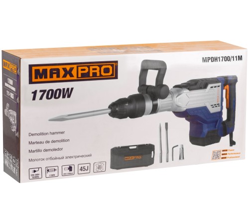MAX-PRO Молоток отбойный электрический 1700 Вт; 200-2100 уд/мин; 45 Дж; SDS-MAX; 11,5 кг; резиновый кабель; дополнительные щетки; кейс MPDH1700/11M MAX-PRO Молоток отбойный электрический 1700 Вт; 200-2100 уд/мин; 45 Дж; SDS-MAX; 11,5 кг; резиновый кабель; дополнительные щетки; кейс MPDH1700/11M