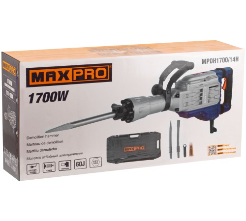 MAX-PRO Молоток отбойный электрический 1700 Вт; 1900 уд/мин; 60 Дж; 30 мм HEX; 14 кг; резиновый кабель; дополнительные щетки; кейс MPDH1700/14H