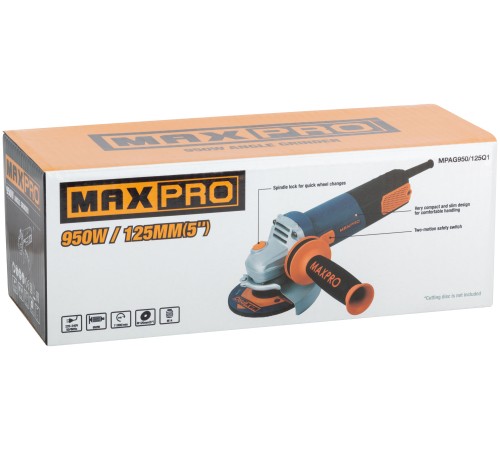 MAX-PRO Шлифмашина угловая 950 Вт; 11000 об/мин; быстрозажимной кожух 125 мм; антивибрационная ручка; дополнительные щетки; 2,1 кг; кор. MPAG950/125Q1 MAX-PRO Шлифмашина угловая 950 Вт; 11000 об/мин; быстрозажимной кожух 125 мм; антивибрационная ручка; дополнительные щетки; 2,1 кг; кор. MPAG950/125Q1