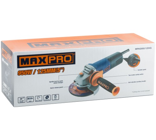 MAX-PRO Шлифмашина угловая 950 Вт; 3000-11000 об/мин; быстрозажимной кожух 125 мм; регулировка оборотов; антивибрационная ручка; дополнительные щетки;  MAX-PRO Шлифмашина угловая 950 Вт; 3000-11000 об/мин; быстрозажимной кожух 125 мм; регулировка оборотов; антивибрационная ручка; дополнительные щетки;