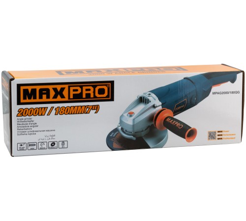 MAX-PRO Шлифмашина угловая 2000 Вт; 8500 об/мин; быстрозажимной кожух 180 мм; антивибрационная ручка; дополнительные щетки; плавный пуск; резиновый к MAX-PRO Шлифмашина угловая 2000 Вт; 8500 об/мин; быстрозажимной кожух 180 мм; антивибрационная ручка; дополнительные щетки; плавный пуск; резиновый к