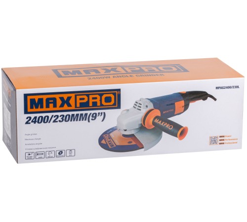 MAX-PRO Шлифмашина угловая 2400 Вт; 6000 об/мин; защитный кожух 230 мм; антивибрационная ручка; дополнительные щетки; плавный пуск; поворотная рукоят MAX-PRO Шлифмашина угловая 2400 Вт; 6000 об/мин; защитный кожух 230 мм; антивибрационная ручка; дополнительные щетки; плавный пуск; поворотная рукоят