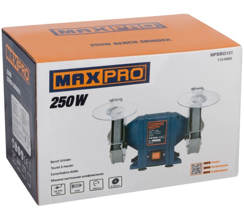 MAX-PRO Станок точильный 250 Вт; 2950/2950 об/мин; 1: 150/20/12,7 мм; 2: 150/20/12,7 мм; 6,55 кг; индукционный мотор; кор. MPBBG150 MAX-PRO Станок точильный 250 Вт; 2950/2950 об/мин; 1: 150/20/12,7 мм; 2: 150/20/12,7 мм; 6,55 кг; индукционный мотор; кор. MPBBG150