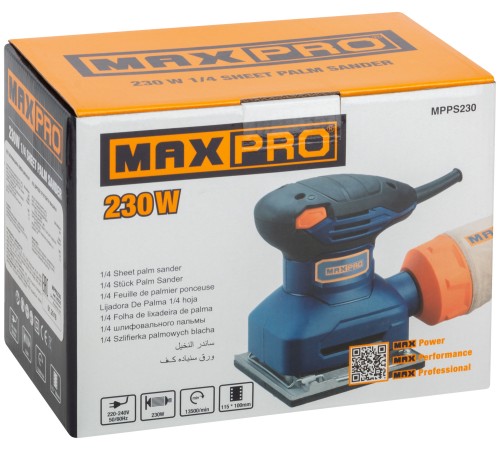 MAX-PRO Шлифмашина вибрационная 230 Вт; 13500 об/мин; 115х100 мм; алюминиевая подошва; пылезащитный выкл.; зажим; резиновые вставки; 1,2 кг; коробка MPPS230 MAX-PRO Шлифмашина вибрационная 230 Вт; 13500 об/мин; 115х100 мм; алюминиевая подошва; пылезащитный выкл.; зажим; резиновые вставки; 1,2 кг; коробка MPPS230
