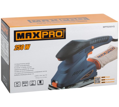 MAX-PRO Шлифмашина вибрационная 250 Вт; 6000-11000об/мин; 90x187мм; 1,7 кг; алюминиевая опора; зажим; резиновые вставки; кор. MPFS250VQ MAX-PRO Шлифмашина вибрационная 250 Вт; 6000-11000об/мин; 90x187мм; 1,7 кг; алюминиевая опора; зажим; резиновые вставки; кор. MPFS250VQ