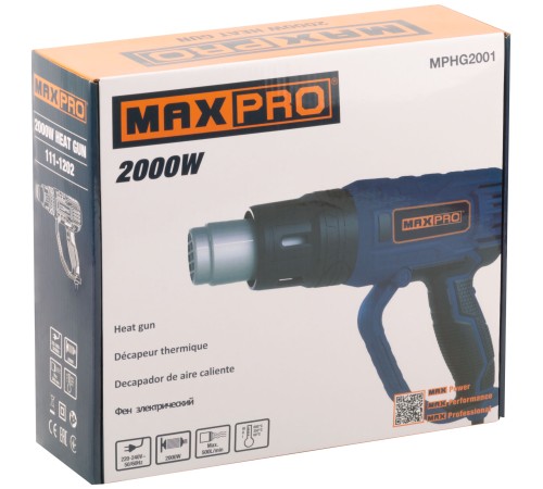 MAX-PRO Фен технический 2000 Вт; 60/350/600°C; 500 л/мин; 0,76 кг; резиновый кабель; резиновые вставки; кор. MPHG2001 MAX-PRO Фен технический 2000 Вт; 60/350/600°C; 500 л/мин; 0,76 кг; резиновый кабель; резиновые вставки; кор. MPHG2001