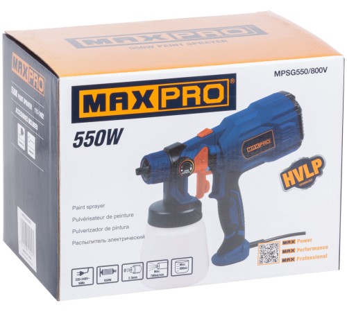 MAX-PRO Распылитель электрический 550 Вт; 2,5 мм; 800 мл; 60 din/сек; 700 мл/мин; 1,3 кг; HVLP; коробка MPSG550/800V MAX-PRO Распылитель электрический 550 Вт; 2,5 мм; 800 мл; 60 din/сек; 700 мл/мин; 1,3 кг; HVLP; коробка MPSG550/800V
