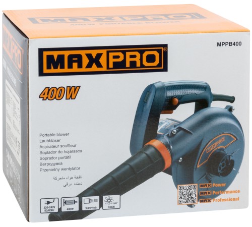 MAX-PRO Воздуходувка-пылесос 400 Вт; 14000 об/мин; 3000 л/мин;  1,5 кг; дополнительные щетки; коробка MPPB400