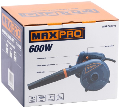 MAX-PRO Воздуходувка-пылесос 600 Вт; 6000-16000 об/мин; 3500 л/мин; 1,5 кг; дополнительные щетки; коробка MPPB600V1 MAX-PRO Воздуходувка-пылесос 600 Вт; 6000-16000 об/мин; 3500 л/мин; 1,5 кг; дополнительные щетки; коробка MPPB600V1