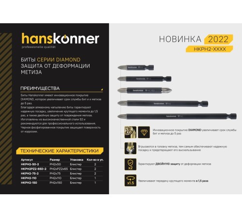 Биты Hanskonner HKPH2PZ2-65D-2 Биты Hanskonner HKPH2PZ2-65D-2
