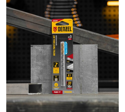 Сверло спиральное по металлу 3 х 100 мм, Р6М5, Golden Tip, удлиненное, 2шт. Denzel