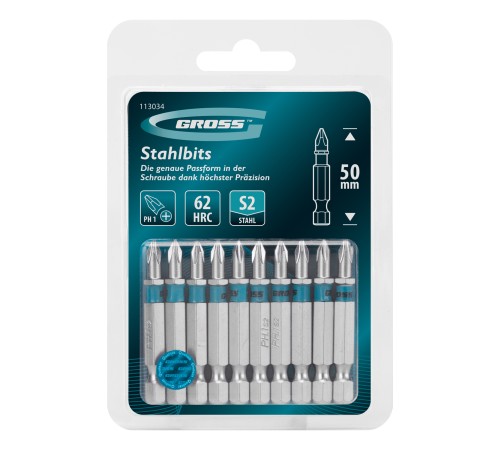 Бита PH1х50мм, сталь S2, шестигр., 10 шт. Gross