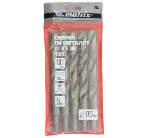 Сверло по металлу, 17.5 мм, полированное, HSS, 5 шт, цилиндрический хвостовик Matrix